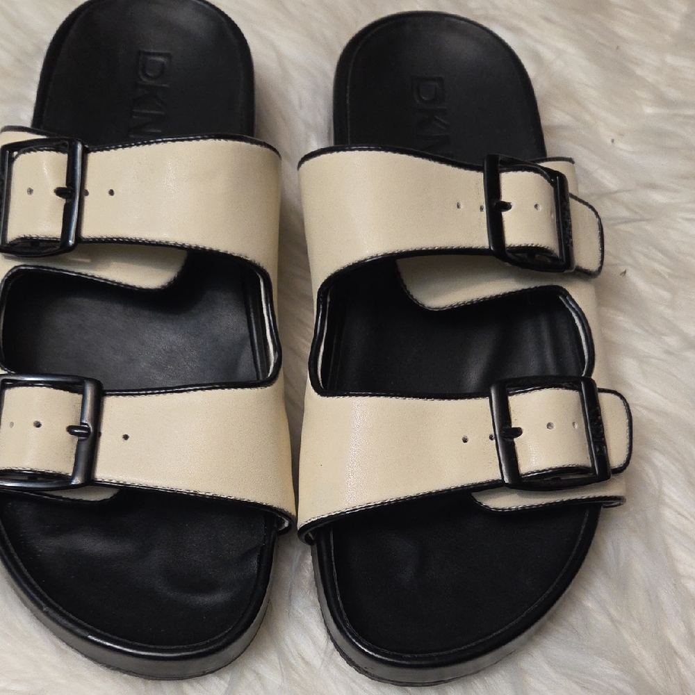 DKNY Black and Cream Buckle Slides